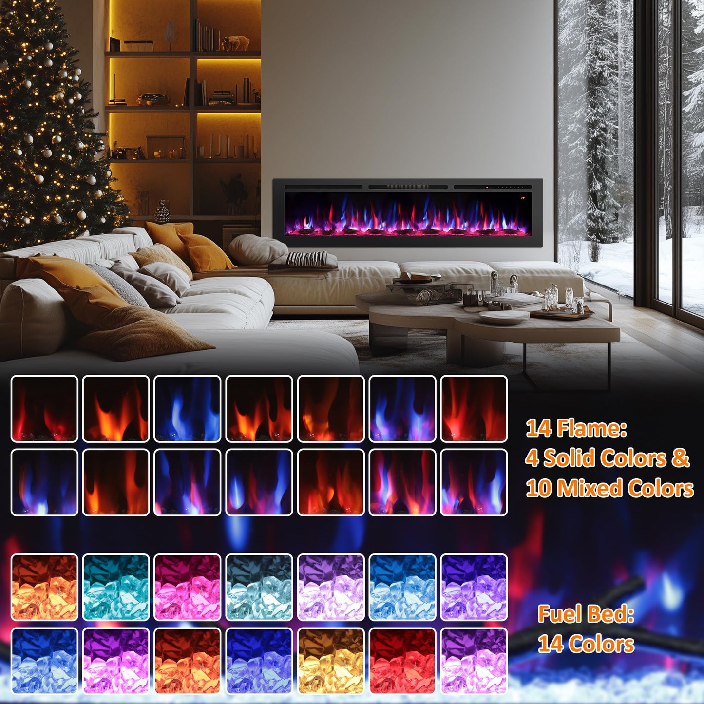 Rodalflame 48" Electric Fireplace Inserts, Adjustable Flame&Speed, Thermostat Heater, Recessed, Wall Mount, Freestanding, Brightness, Child Lock, Timer