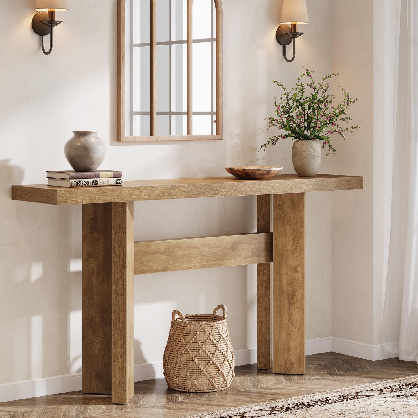 Tribesigns 63-Inch Farmhouse Console Table, Long Wooden Sofa Table Behind Couch with H-Shaped Frame for Entryway, Foyer, Hallway, Living Room, Easy Assembly, Brown