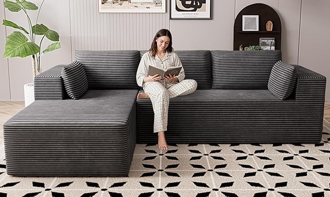 106" Cloud Sectional Boneless Couches for Living Room, Modular L Shaped Couch with Deep Seat Oversized Left Facing Chaise, Memory Foam Compressed Spineless 3 Seater Sofa for Bedroom Apartment, Grey