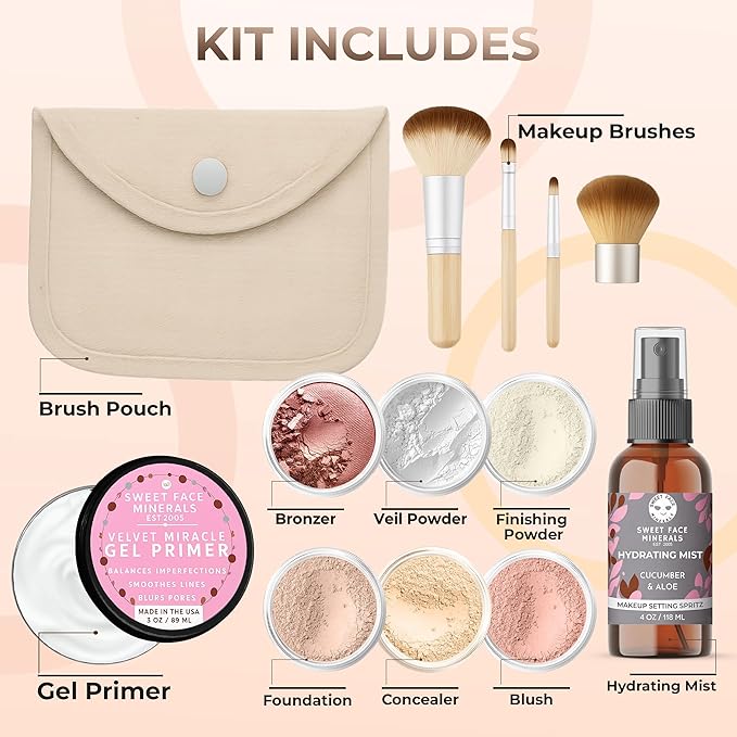 FLAWLESS COMPLEXION KIT (LIGHT) Full Size Mineral Makeup Set Matte Foundation Bare Face Sheer Powder Cover