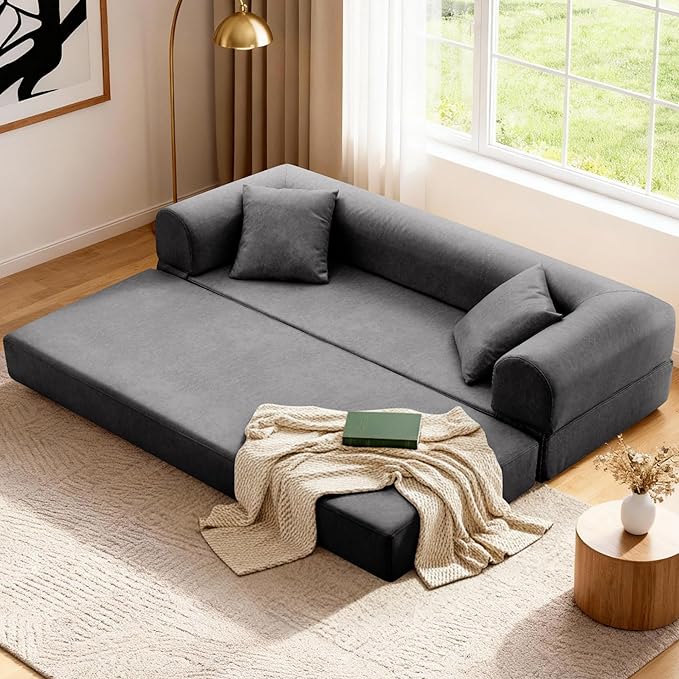 GJQ Convertible Sleeper Sofa Bed,78.5 Inch Faux Leather Futon Couch with Pillows & Storage Pocket,5-in-1 Folding Sofa Bed Queen with Pull Out Beds,Boneless Couches for Living Room,Couch in a Box,Gray