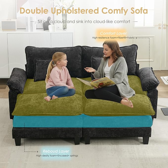 URRED Cloud Couch Modular Sectional Sofa, 87" Modern Loveseat Sofa with 2 Ottomans & Pillows, Ultra Comfy Chenille Couches for Living Room, Bedroom or Apartment, Black