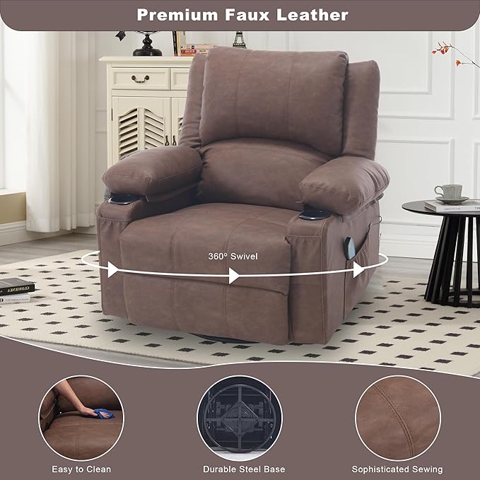 Comermax Massage Swivel Recliner with Heat, PU Leather Rocking Recliners Chair for Living Room, Modern Manual Recliner with Cup Holders, Overstuffed Single Sofa Chairs for Bedroom, Brown