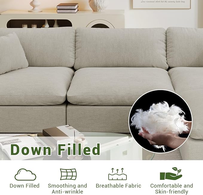 Intuition Decor Cloud Modular Sectional Sofa,143" Down Filled Sofa 4 Seat with Chaise,Minimalist Sofa Cover Washable and Replaceable Couches for Living Room,Sectional Sofa Deep Seat