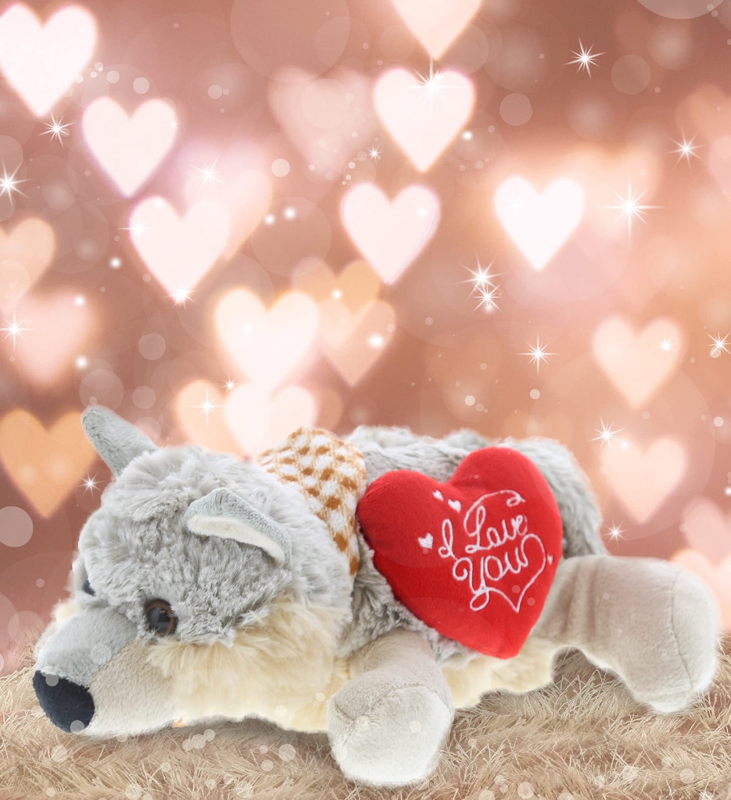 DolliBu I Love You Valentine Plush Lying Grey Wolf - Cute Stuffed Animal with Red Heart and Name Personalization Gift for Valentines Day, Birthday, Anniversary, Romantic Date - 9 Inches
