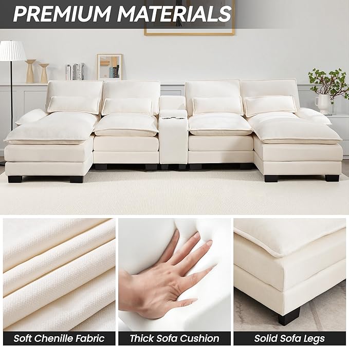 125" U Shaped Cloud Modular Sectional Couch for Living Room, Small Comfy Chenille Sofa with Double Chaise Lounge, Storage Central Console, Cup Holders, USB Port,Beige