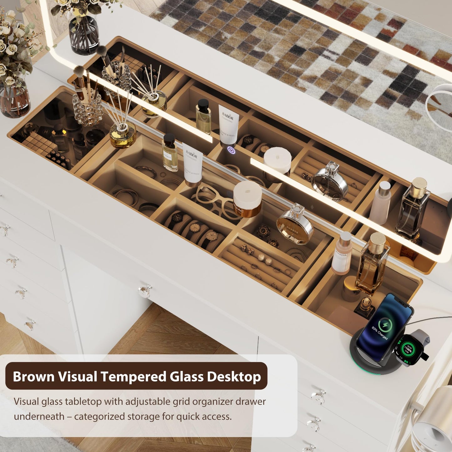 Otterease Vanity Desk with Mirror and Lights, 11 Drawers Makeup Vanity Desk with Tempered Glass top, 3 Lighting Modes Adjustable Brightness, White Vanity with Magnetic 5X Magnifier for Bedroom