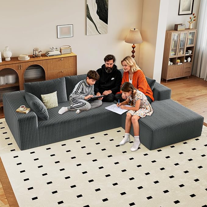 96" Cloud Sectional Couch with L-Shape Chaise, Modern Corduroy Boneless Couch for Living Room,Memory Foam Sofa with Deep Seat,No Assembly Required (Grey,Right-Facing Chaise)