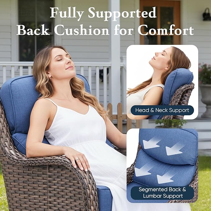 Belord Luxury 6" Thick Cushioned Outdoor Swivel Rocker Patio Chairs of 2, High Back Wicker Patio Furniture Set with Ergonomic Zone Back, Conversation Glider Set for Deck Porch - Brown+Blue