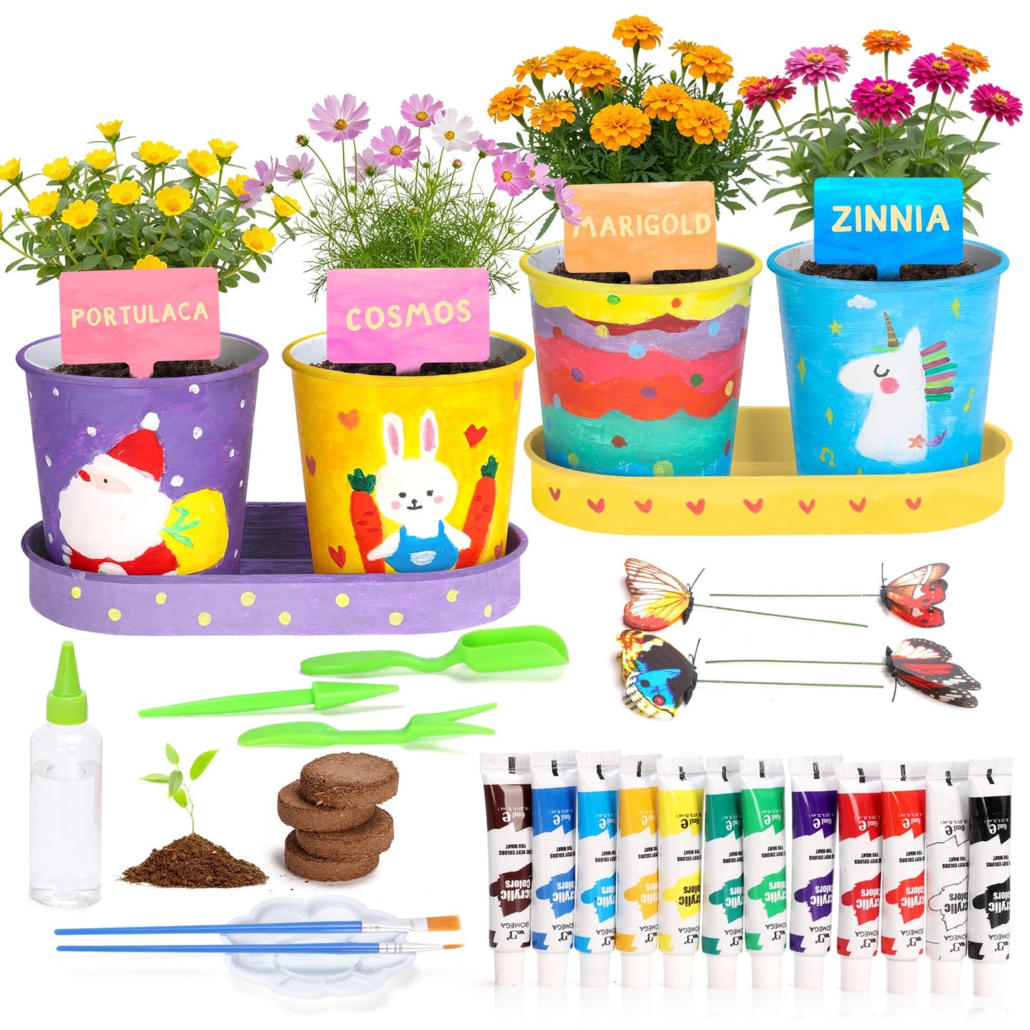 YAUNGEL Paint & Plant Flower Kids Gardening Set, Arts and Crafts for Kids Growing Painting Kit with 4 Pots, Christmas Birthday Gifts for Girls & Boys Children