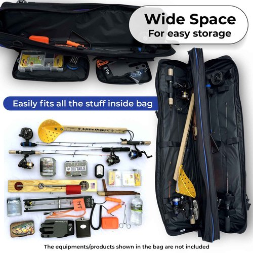 Mermaid Gear ICE Fishing Rod Tackle Bag - 36.5' X 8' X 6' Soft Sided Traveling Case, Water Proof Multi Use Storage for ICE Tungsten Jig Box, Tip Up Gloves (BLUE)