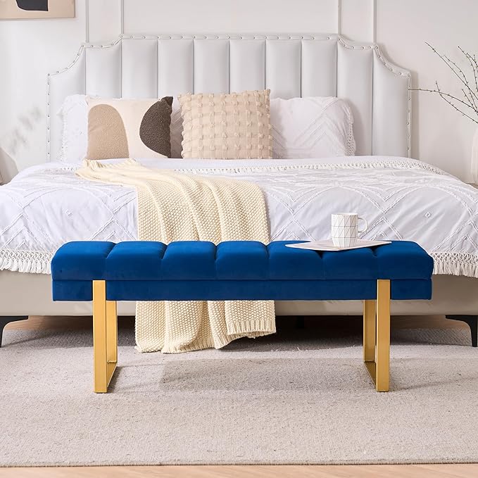 AIITTCC Velvet Ottoman Bedroom Bench, 46.5" Tufted Padded End of Bed Bench with Gold Legs, Upholstered Shoe Bench for Living Room Entryway Window (Navy Blue, 46" Wide)