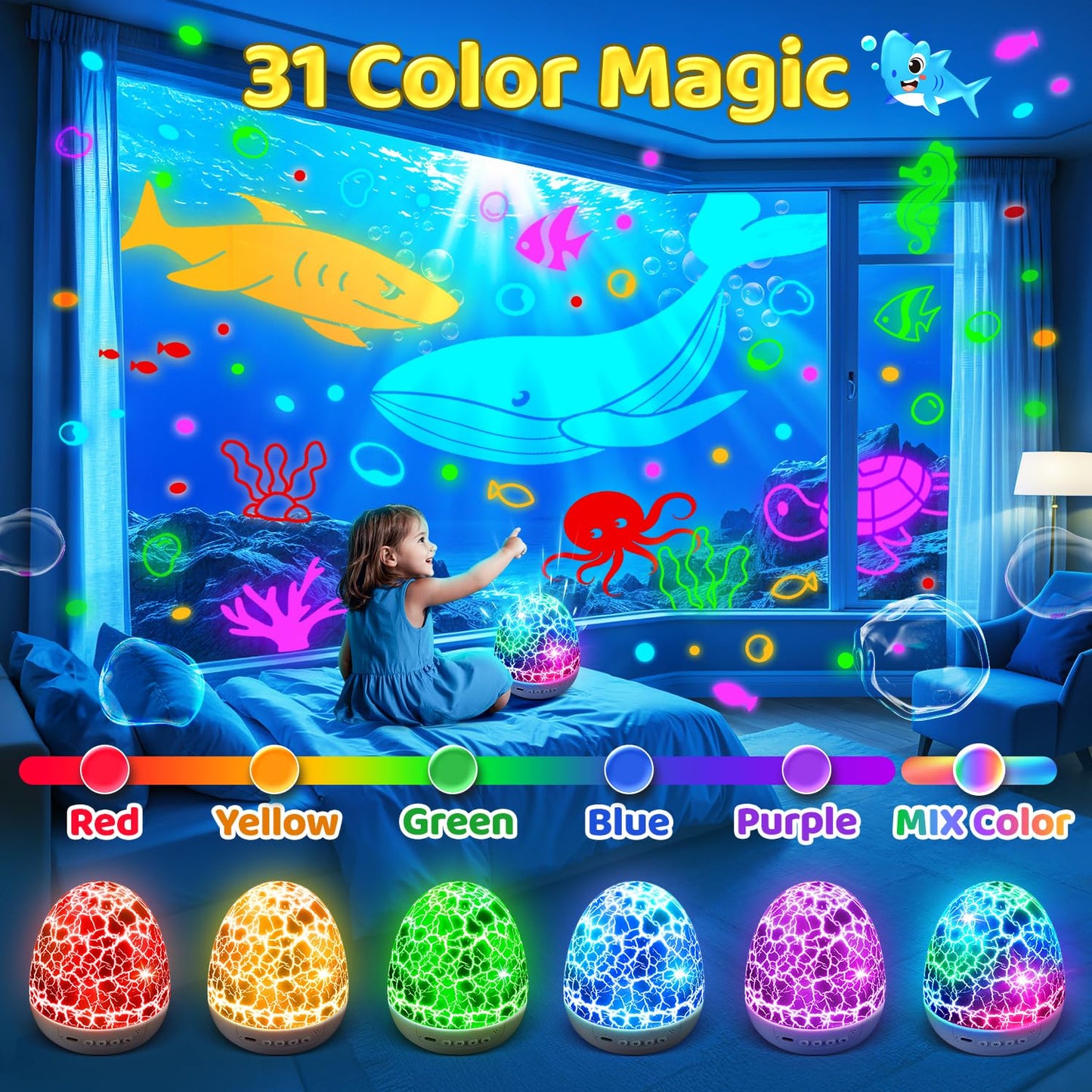 Baby Sound Machine Night Light Projector | 15 Sleeping Sounds & 3D Films | 31Colors & Remote Control | Toddler Night Light for Kids, Baby White Noise Machine, Sound Machine baby, Egg Light for Nursery