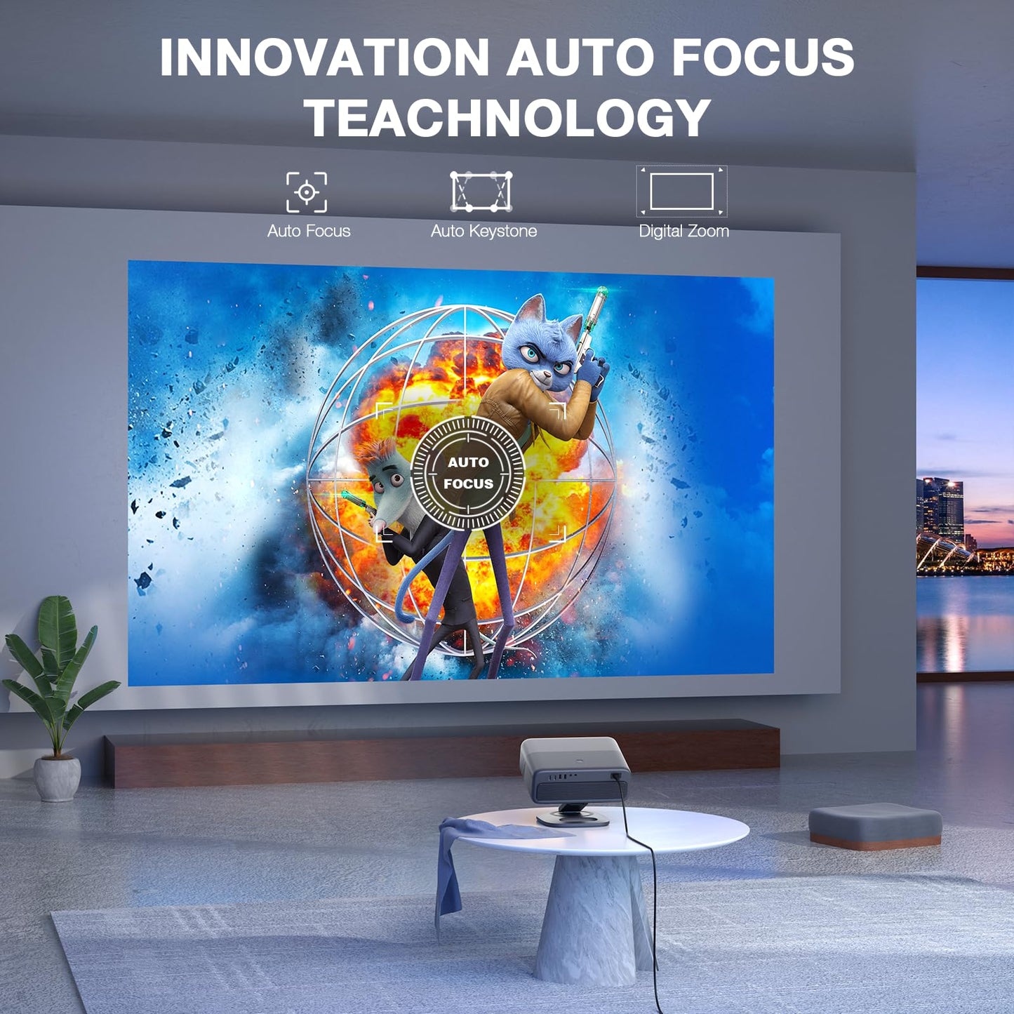 [Compatible with Netflix & Auto Focus]AuKing Smart Projector with Wifi and Bluetooth,Auto Focus&Keystone Projector4K,3D DoIby Audio, 1200ANSI Outdoor Projector with Omnidirectional Rotating Stand