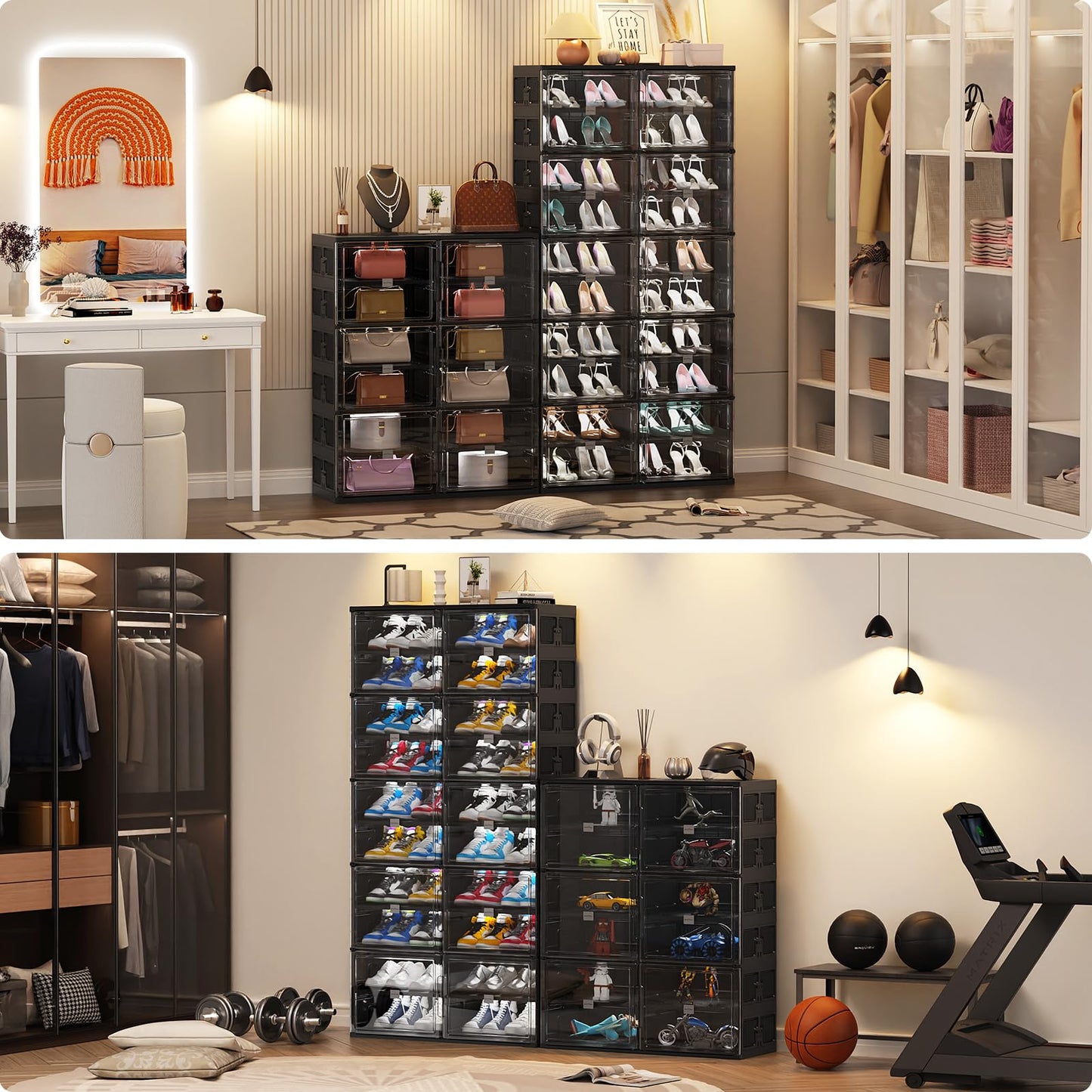BROVIEW 10 Tiers 40 Pairs Large Plastic Shoe Storage Organizer Cabinet for Entryway, Hard Stackable Collapsible Shoe Box Organizer for Closet, Portable Folding Shoe Rack with Doors, Black S9