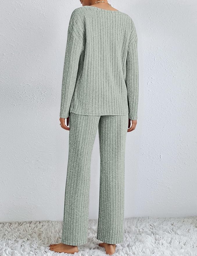 Ekouaer Lounge Sets for Women Long Sleeve Knit Ribbed Pajama Sets 2 Piece Casual Loungewear with Pockets