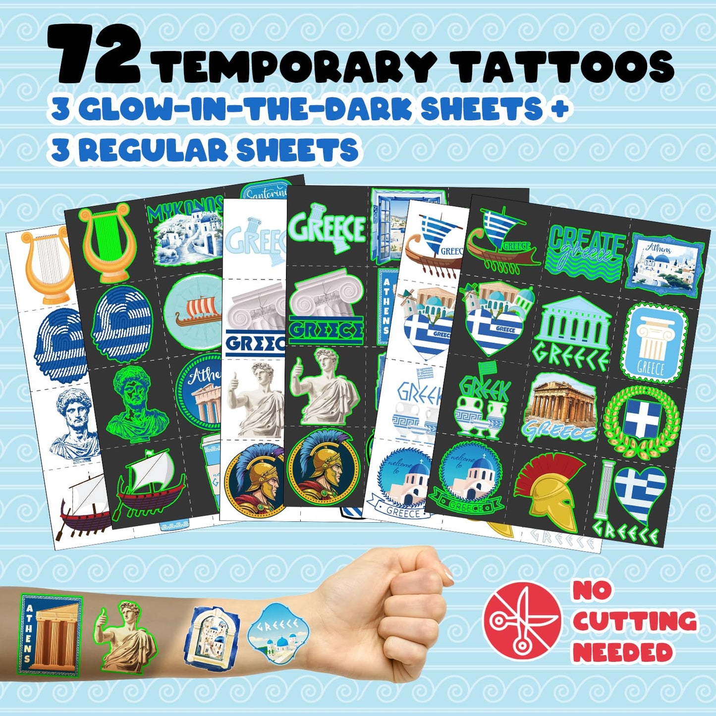 96 PCS Greek Mythology Party Favors Set - 72 Pre-Cut Temporary Tattoos & 24 Slap Bracelets, Perfect for Cultural Festivals & Tra