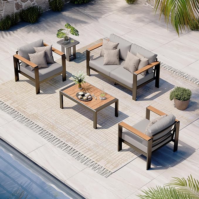 Oasbira Aluminum Outdoor Patio Furniture Set with Coffee Table, 4 Piece Patio Conversation Sets with Washable Thick Cushions, Patio Sectional Furniture Set for Porch, Balcony, Yard, Gray