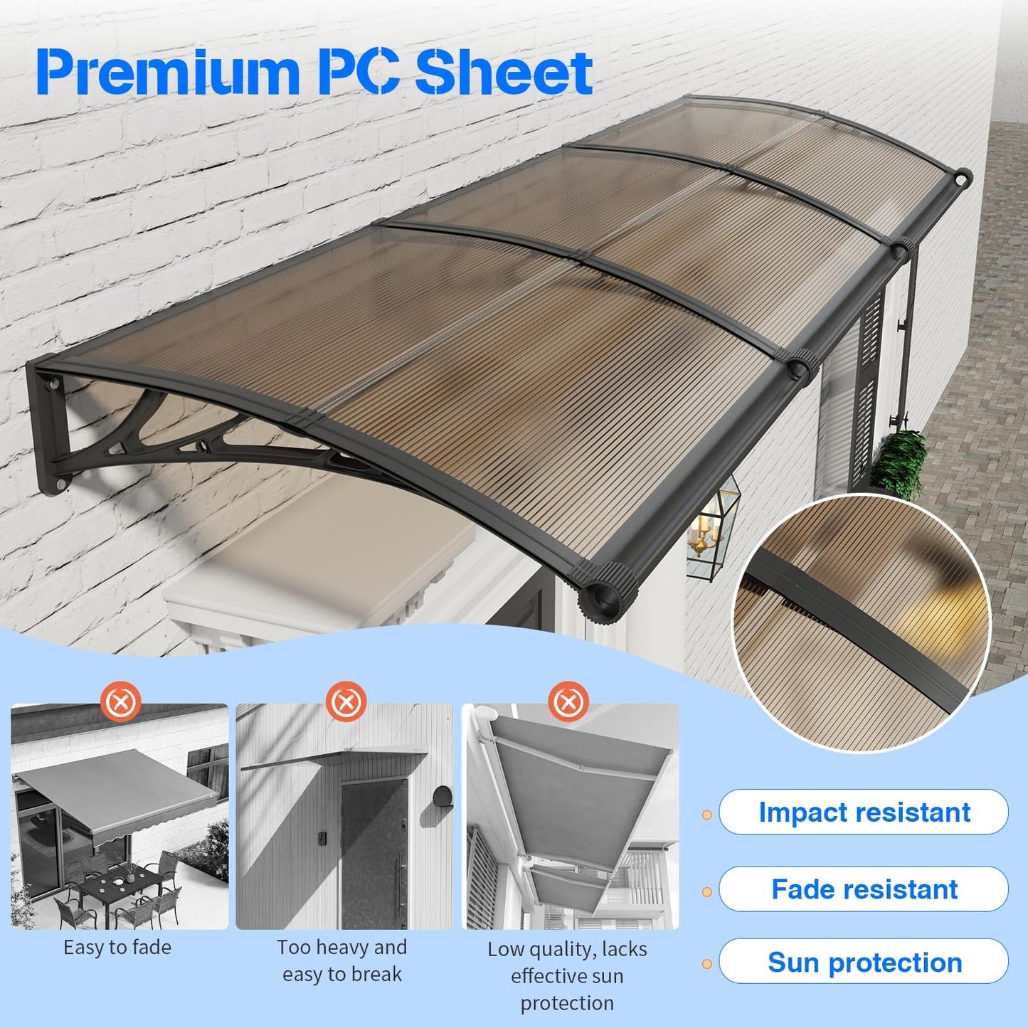 GGNEBAI Awning for Door Entrance,32x120 inches Awnings for Doors with Separate Drainage,Front Door Awning Exterior,Polycarbonate UV, Rain, and Snow Protection for Porch,Patio,Window,Deck