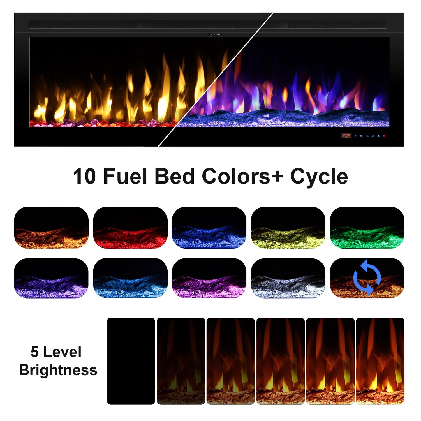 Kentsky 54" Electric Fireplace, Wall Mounted & Insert Electric Fireplace, W/Mixed Color Flame, Adjustable Brightness & Speed, 0-8H Timer, Thermostat, 750w/1500w, Balck