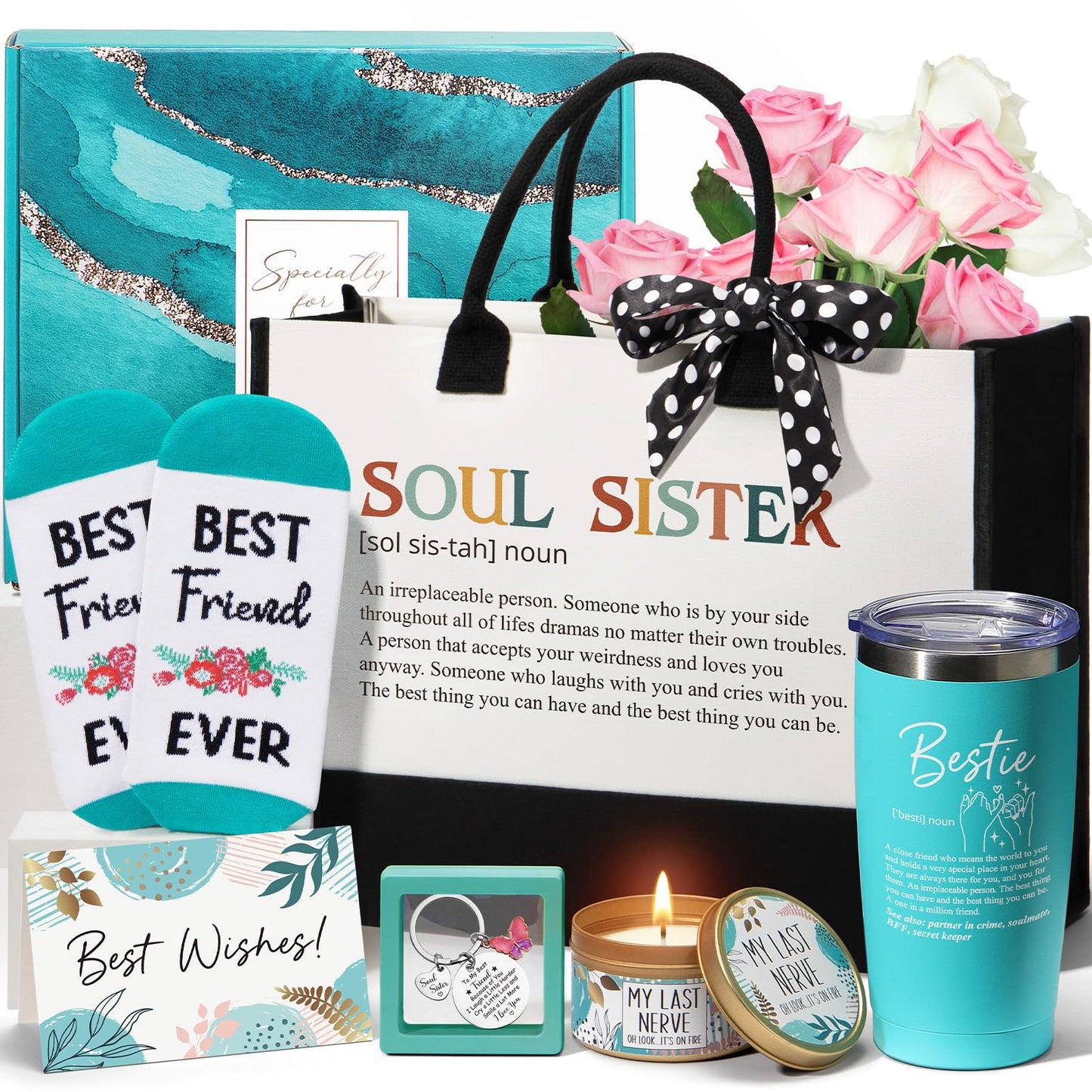 Best Friend Birthday Gifts for Women, Friendship Gifts for Women Friends Female Funny Sister Gifts from Sister Mothers Day Gifts Basket for Mom Friends Female Bestie Soul Sister BFF w/ Canvas Tote Bag