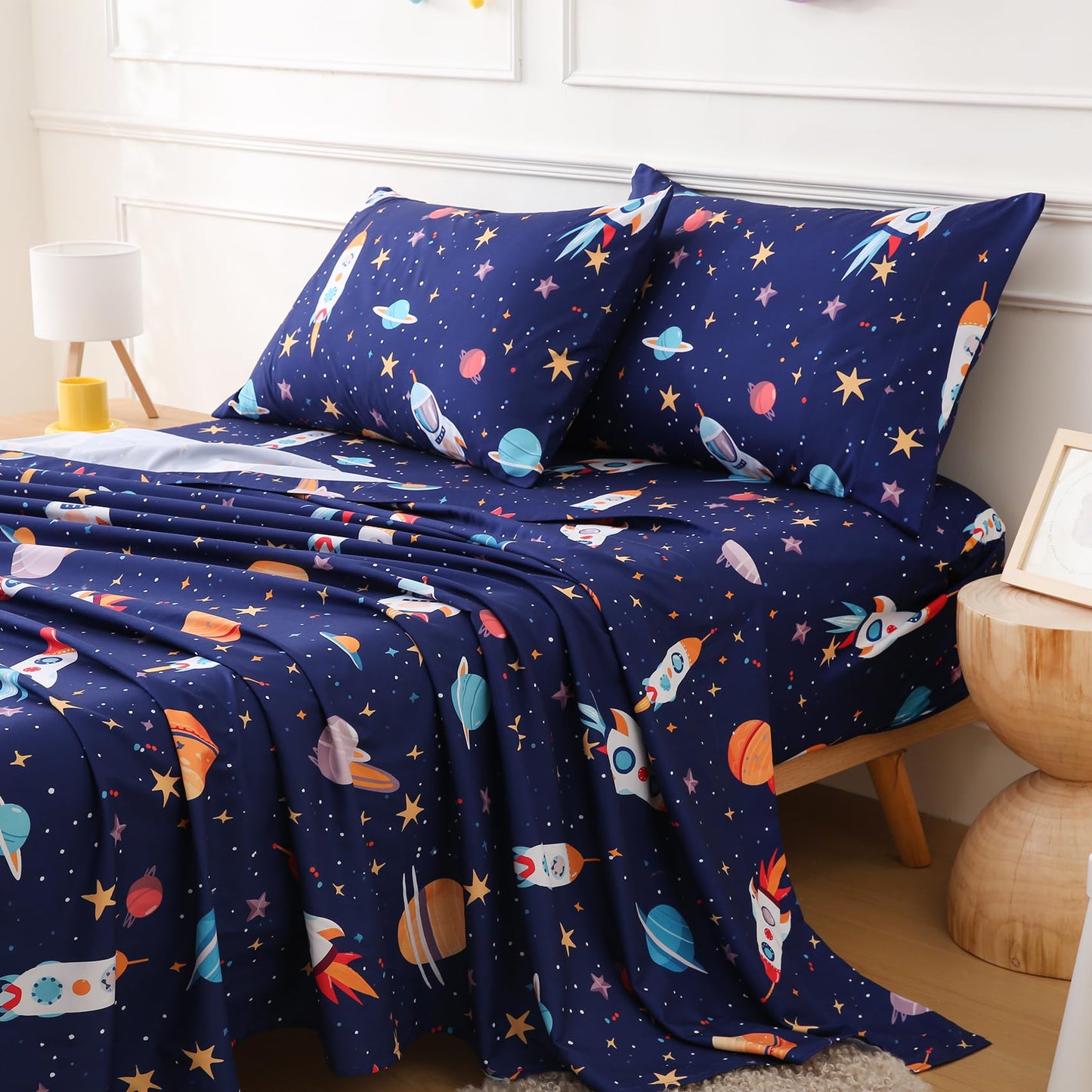 CIMVI Full Size Bed Sheets for Boys Space Rocket Universe Bed Sheet Sets for Kids 4 Piece Soft Microfiber Bed Sets with Deep Pocket Cartoon Bedding for Children Kids (Space, Full)