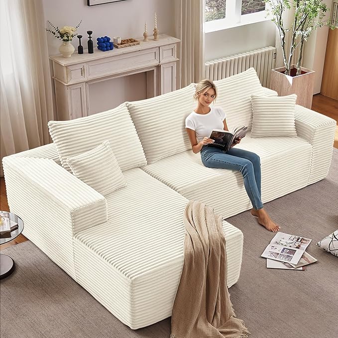 107" W Cloud Sectional Couch with L-Shape Chaise, Modern Corduroy Boneless Couch for Living Room,Memory Foam Sofa with Deep Seat,No Assembly Required (White,Left-Facing Chaise)