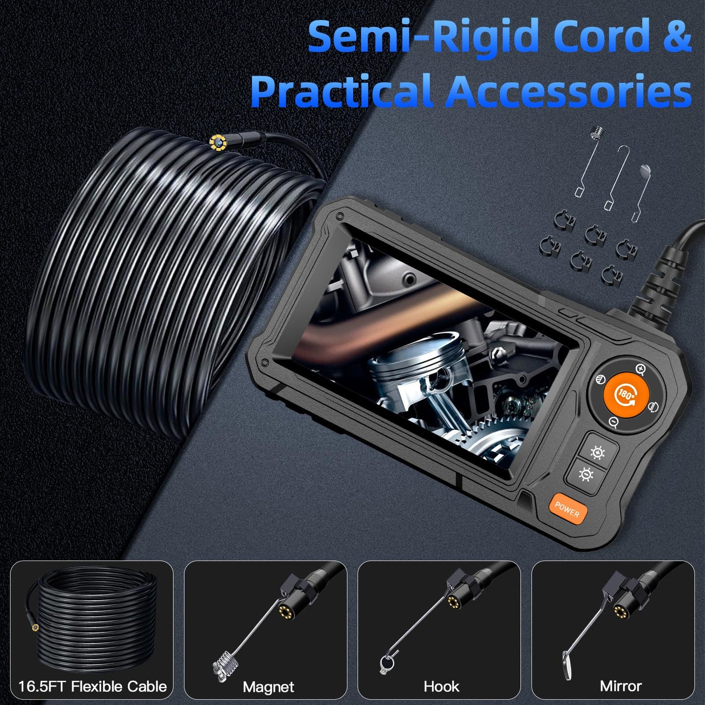 Endoscope Camera with Light - 4.3" LCD Screen Inspection Cameras,IP67 Waterproof Borescope with 8 Adjustable LED Lights,HD 1080P Endoscope Camera 16.5ft Semi-Rigid Cord,gifts for men tools and gadgets