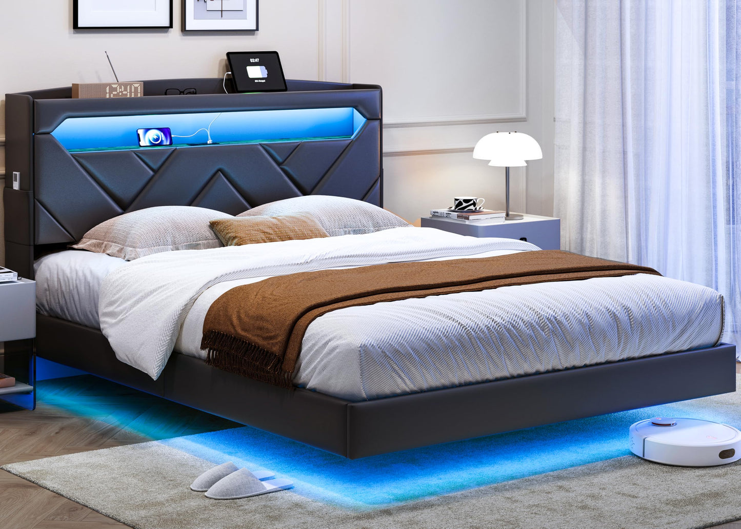 LINSY Floating Bed Frame Full Bedframe with Headboard, Black Full Size Bed Frames with Storage, Modern Upholstered Platform Bed with LED Lights & Charging Station, No Box Spring Needed, PU Leather