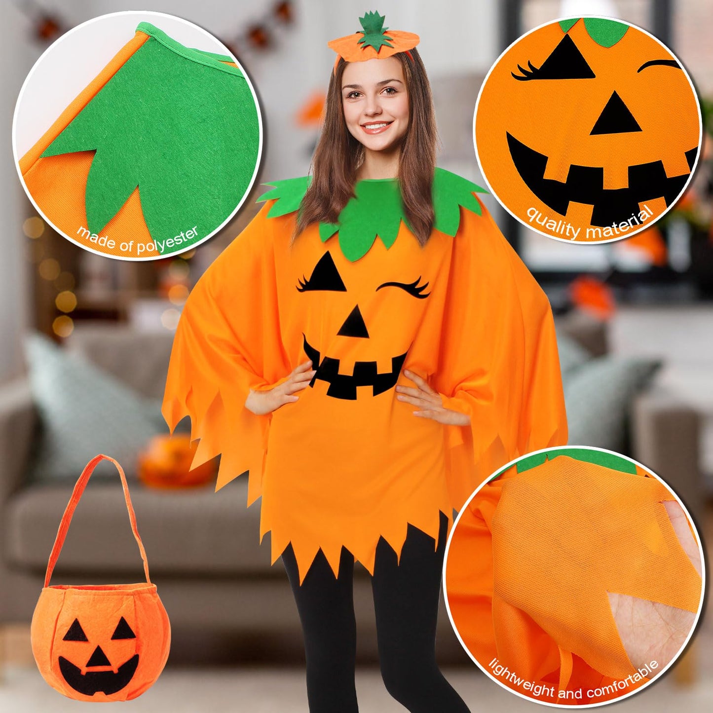 Snwquik 3 PCS Pumpkin Costume for Women, Adults Halloween Costume for Women,Pumpkin Poncho with Headband&Bag