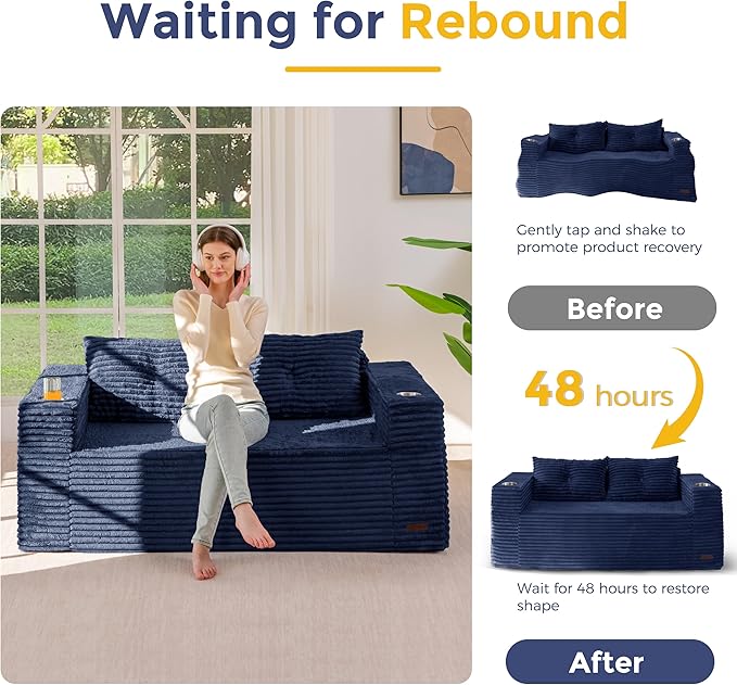 MAXYOYO 63" Boneless Loveseat Sofa Couch for Small Spaces, Mini Love Seat Floor Couch with Cup Holders and Pillows, 2-Seater Upholstered Cloud Couch for Bedroom Apartment, No Assembly Required