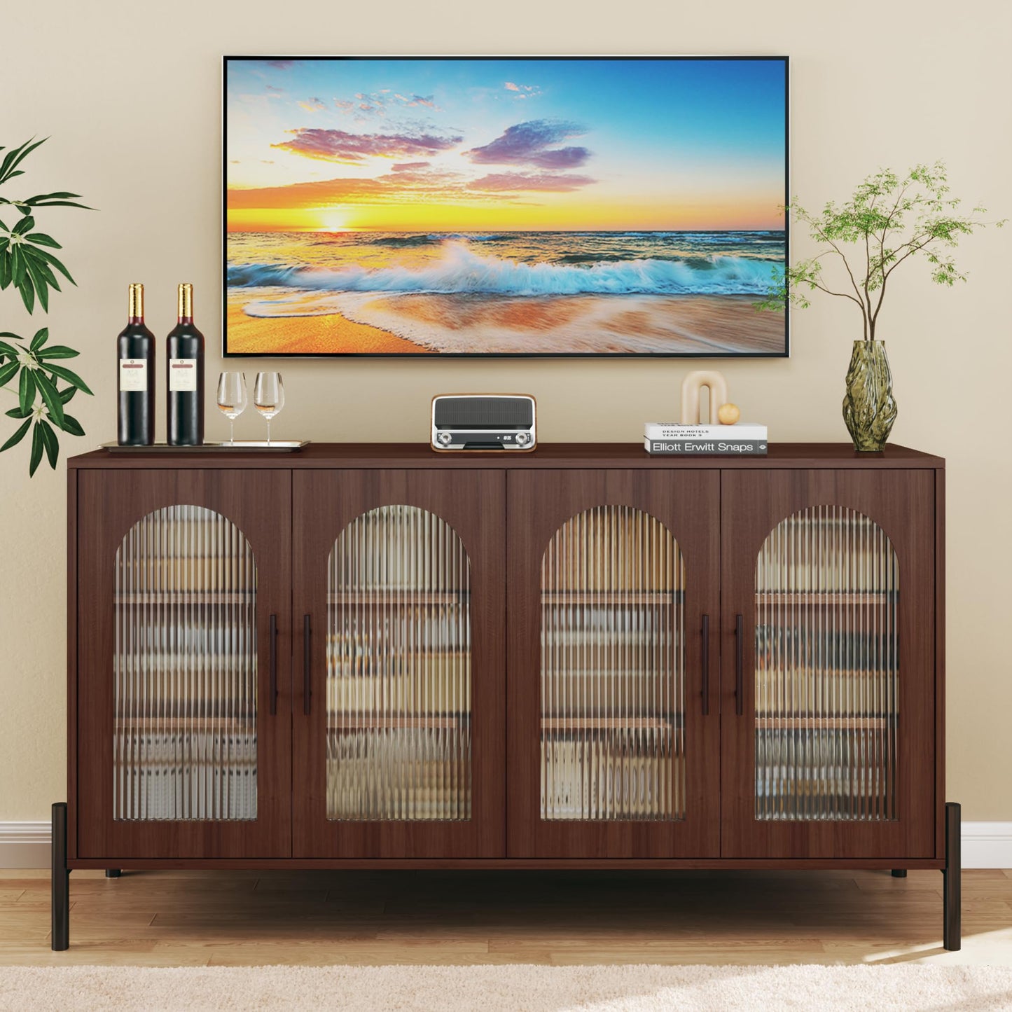 HUAHUU Sideboard Buffet Cabinet with Storage, 55" Modern Sideboard Cabinet with 4 Fluted Arcylic Doors & Adjustable Shelves, Wood Buffet Console Table for Living Room, Kitchen, Dark Walnut