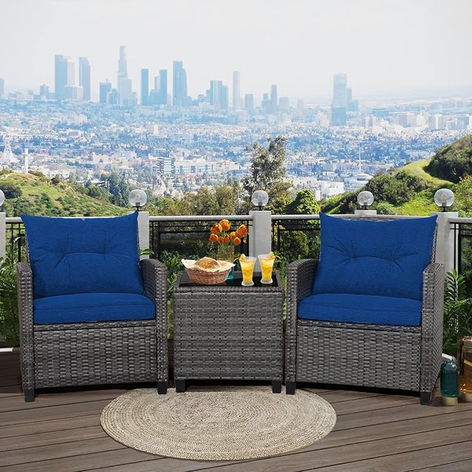 RELAX4LIFE Wicker Patio Furniture Sets - 3 Pieces Patio Rattan Sofa Set, Outdoor Conversation Set with Tempered Glass Tabletop, Heavy-Duty Steel Frame, Wicker Chair Set for Poolside, Backyard, Navy