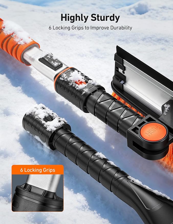 AstroAI 62.4" Ice Scrapers for Car Windshield, 3 in 1 Sturdy Snow Brush with Squeegee, 10 Adjustable Length Settings, Extendable Aluminum Handle, 180° Pivoting Snow Brush for Car, Truck, SUV(Orange)