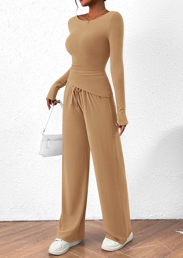 PRETTYGARDEN Women's 2 Piece Lounge Sets Asymmetrical Long Sleeve T Shirt Wide Leg Pants Casual Outfits Tracksuit