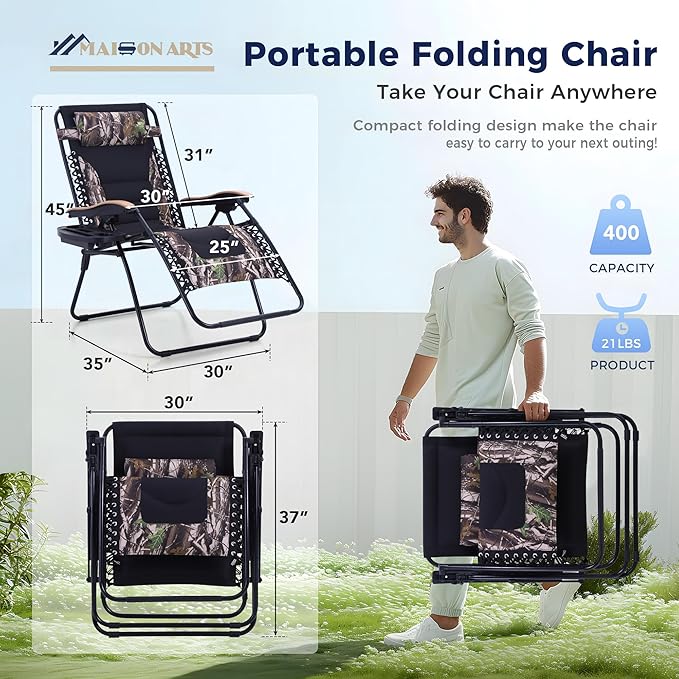 MAISON ARTS Oversized XXL Padded Zero Gravity Lawn Chair Anti Gravity Lounge Chair 30" Wide Seat Foldable ReclinerCamp Chair for Poolside Backyard Beach Support 400lbs, Camouflage