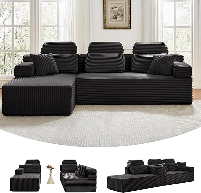 104" L-Shaped Cloud Modular Sectional Sofa with Chaise & Headrest, Boneless Deep Seat Plush Corduroy Couches for Large Living Room, No Assembly Required (Black, 104" L-shapred Chaise)