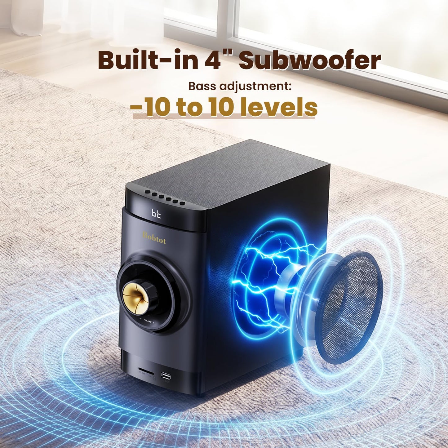 Bobtot Small Subwoofer Home Theater for TV Surround System 5 Wired Speakers Amplifier 4 inch Woofer Built-in Receiver Support ARC Optical Bluetooth Input for Projector