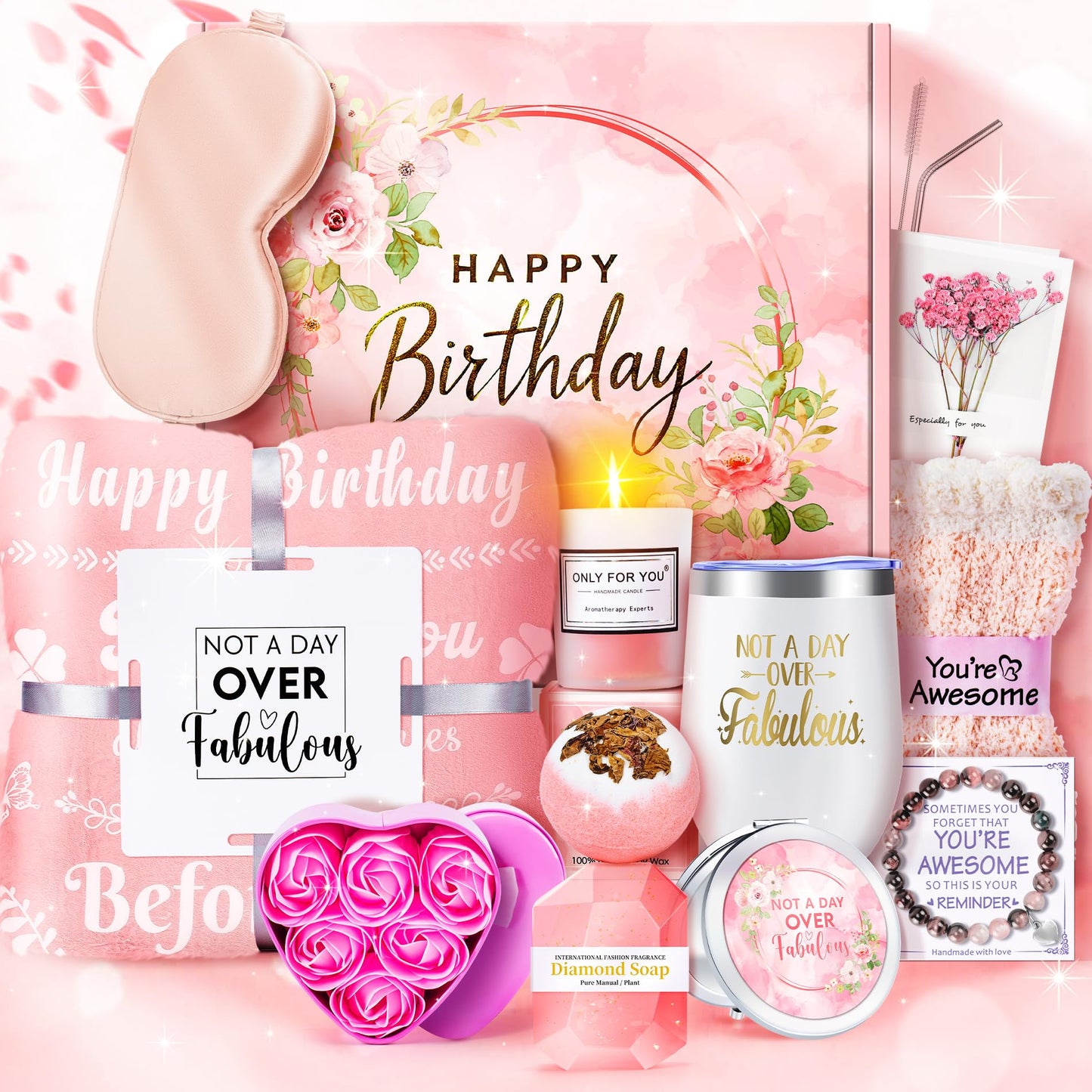 15PCS Birthday Gifts for Women-Pink Self Care Package Get Well Soon Gifts, Relaxing Spa Gift Female Friendship Thinking of You Care Package for Mom Her Wife Girlfriend Friend Sister