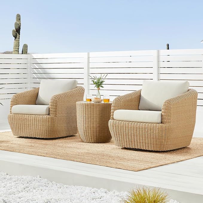 CHITA 3 Pieces Patio Wicker Furniture Set, Outdoor Rattan Bistro Set with Removable Thickened Cushions, Fully Assembled(Beige Cushions with Light Brown Wicker)