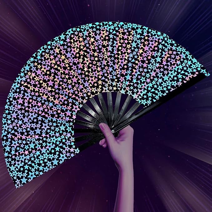 OMyTea Reflective Rave Hand Fan Foldable for Women/Men/Drag Queen - Large Clack Festival Folding Hand Fan - for EDM, Music...