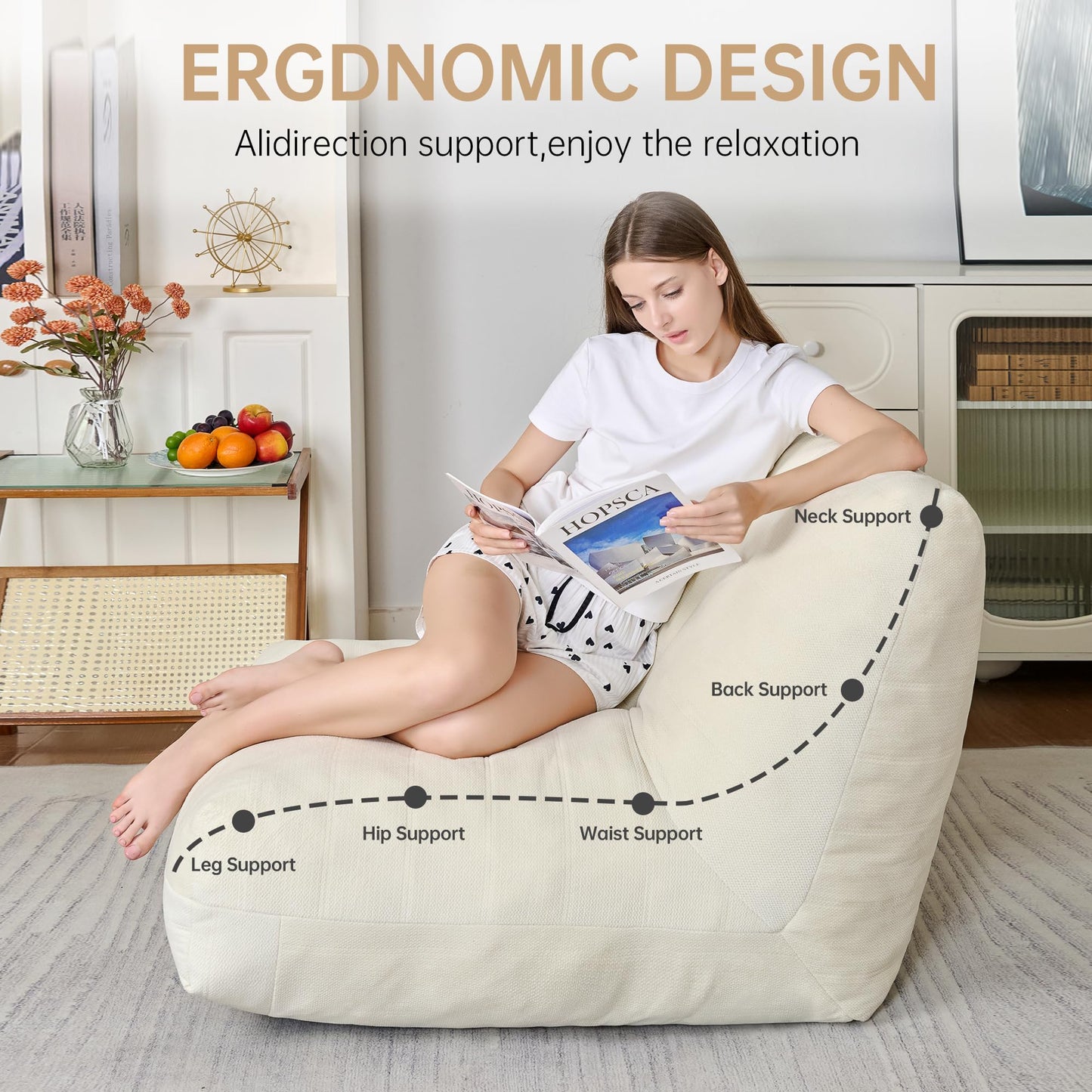 Stmoze Bean Bag Chairs for Adults, Memory Foam Bean Bag Chair, Spacious Single Sofa, Ergonomic Support Reading Floor Sofa Chair with Filler, Comfy Cozy Beanbag Couch for Bedroom Living Room (Beige)