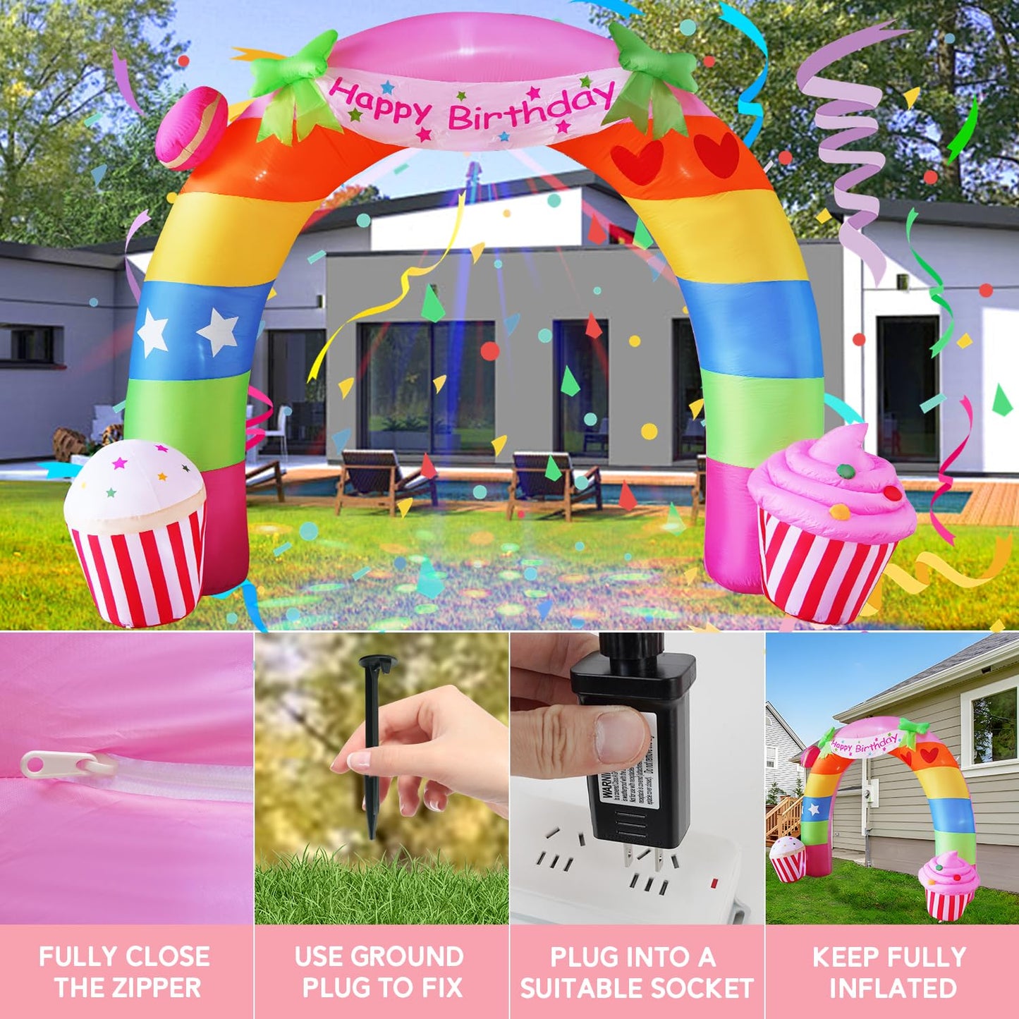 HZGDEJTG 11FT Birthday Arch Birthday Party Outdoor Inflatable Decoration, Outdoor Inflatable Decoration with LED Lights, Birthday Inflatable Decoration for Garden, Patio, Lawn