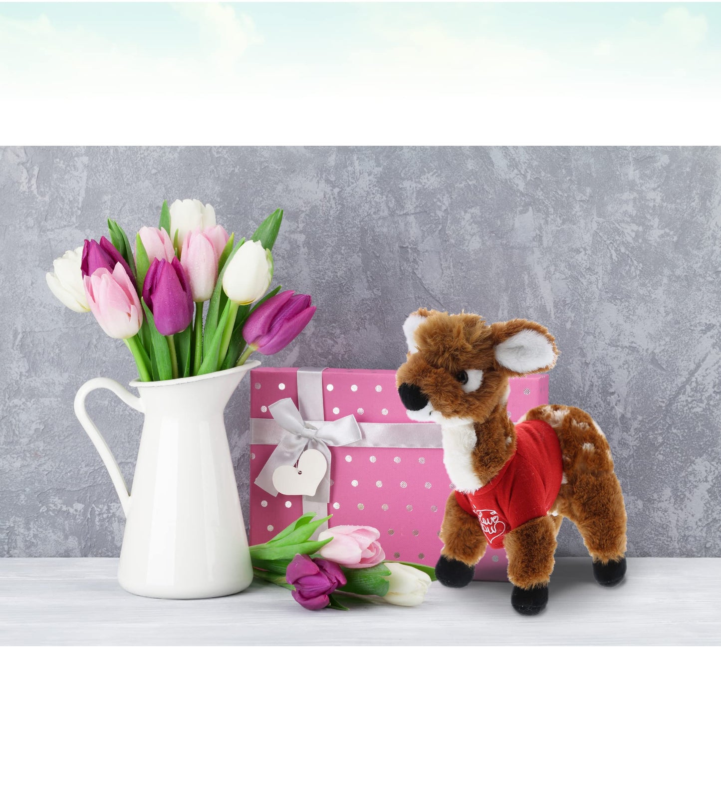 DolliBu I Love You Valentine Plush Standing Deer Small - Cute Stuffed Animal with Red Shirt and Name Personalization Gift for Valentines Day, Birthday, Anniversary, Romantic Date - 10 Inches
