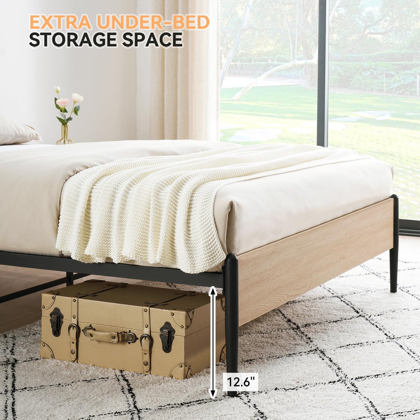 GarveeHome Full Size Boho Bed Frame with Natural Rattan Headboard & Solid Wood Footboard - Under Bed Storage Space, Quiet Noise-Free Design, No Box Spring Needed,Oak