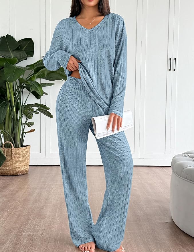 Ekouaer Lounge Sets for Women Long Sleeve Knit Ribbed Pajama Sets 2 Piece Casual Loungewear with Pockets