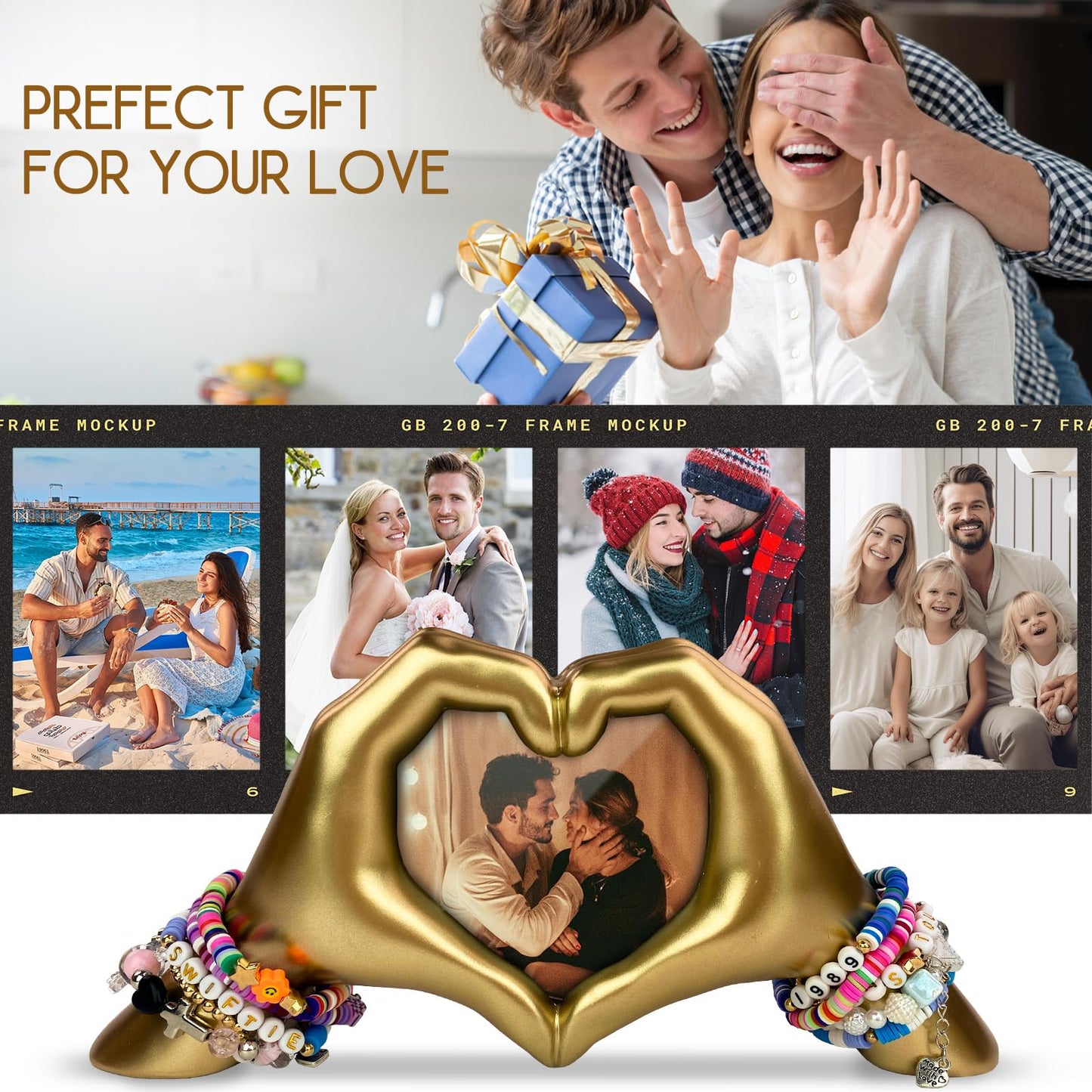 GUSFREUD Gold Heart Hands Sculpture with Picture Frame, Unique Wedding Gift Idea for Couples, Romantic Anniversary Statues for Women, Wife, Her