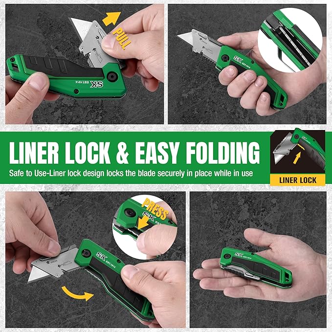 SK Folding Utility Knife with Additional Wire Cutter, Quick Change Box Cutter with Liner Lock & Belt Clip, Lightweight Aluminum Handle