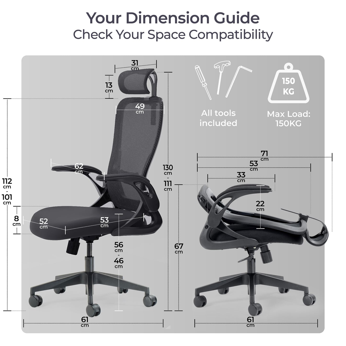 Tervo Model U | Folding Office Chair for Small Spaces | Gaming Chair for Adults & Kids | Ergonomic Mesh Computer Chair for Bedroom | Foldable Desk Chair for Home Work (Midnight Black Headrest)