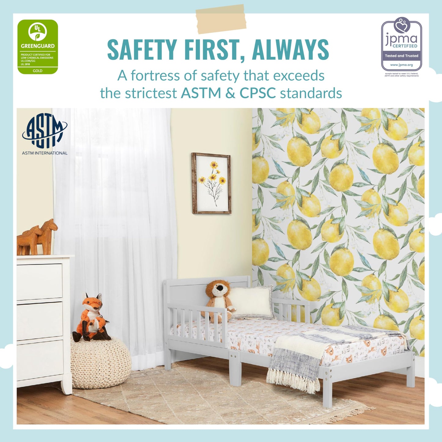 Dream On Me Brookside Toddler Bed In Pebble Grey, Greenguard Gold /JPMA Certified, Low To Floor Design, Non-Toxic Finish, Safety Rails, Made Of Pinewood